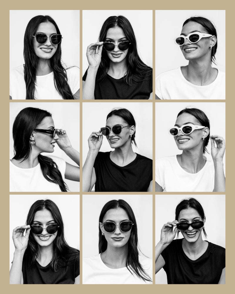 A grid of nine black and white photos showing a person wearing various sunglasses and expressions, set against a plain background.